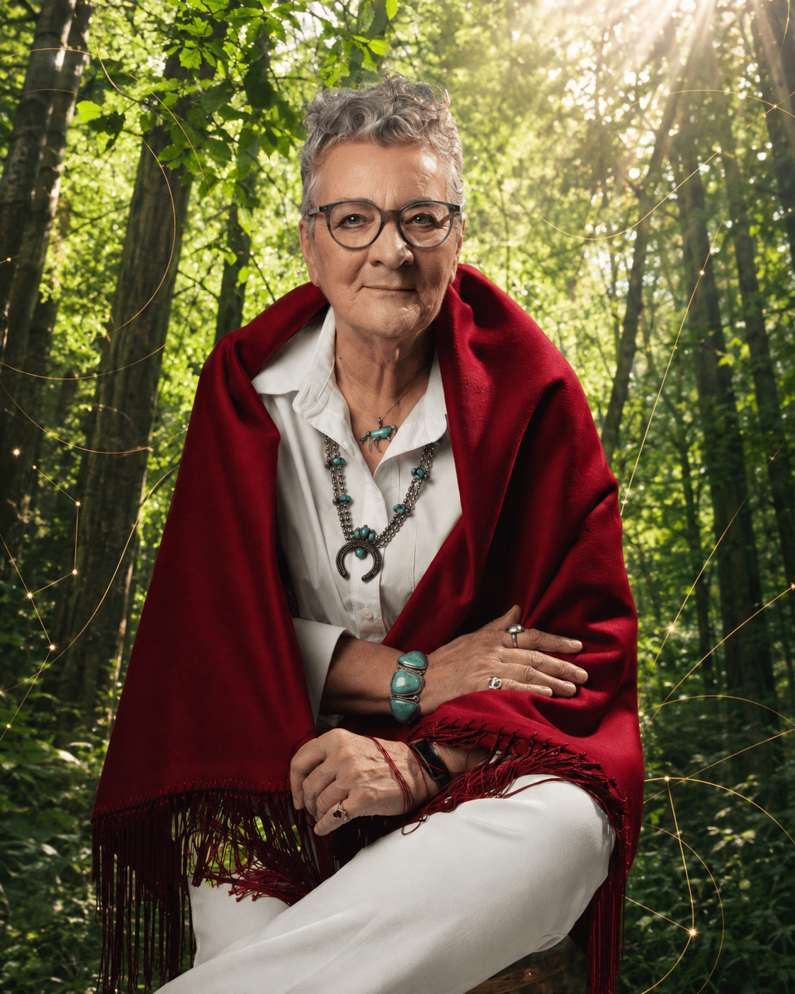 Brenda Bryan seated in a sunlit forest with subtle Golden Thread linework